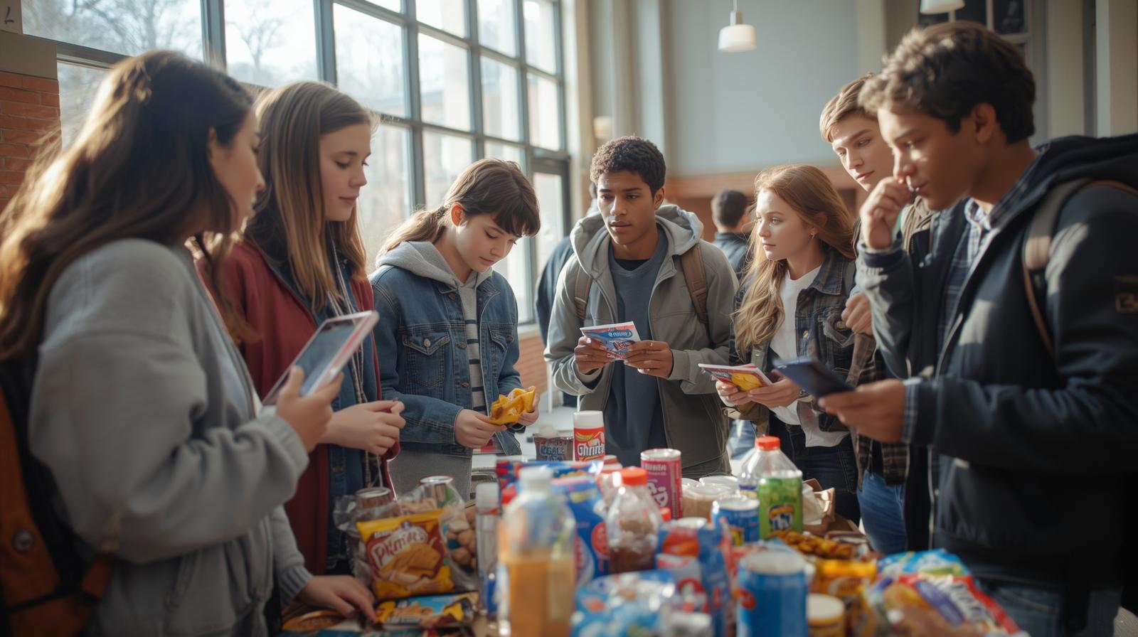 classe di ragazzi di 17 anni che tentano di scegliere fra diversi prodotti alimentari quale è il migliore a scuola